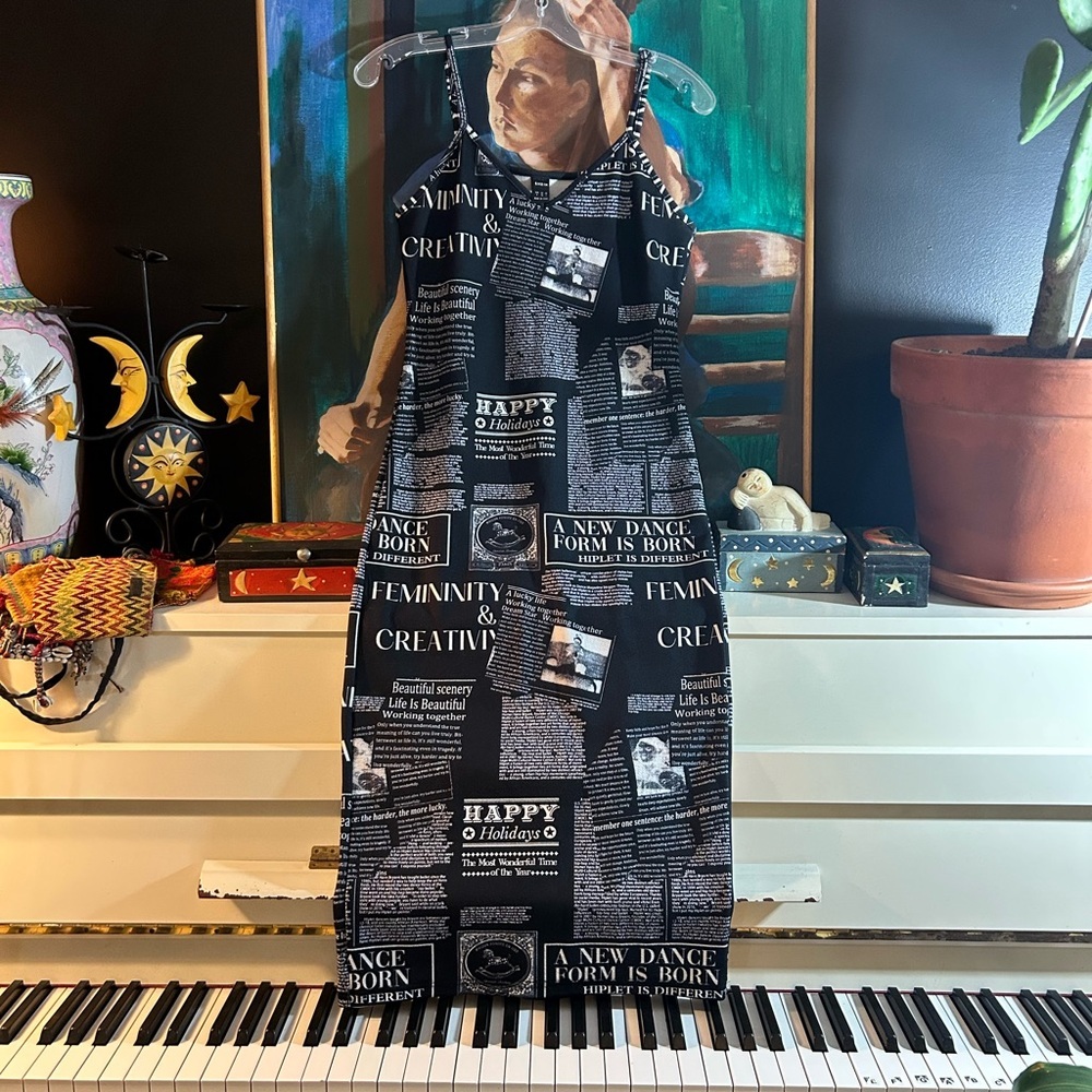 SHEIN Newspaper Print Midi Dress Womens Small Black White Spaghetti Strap Y2K